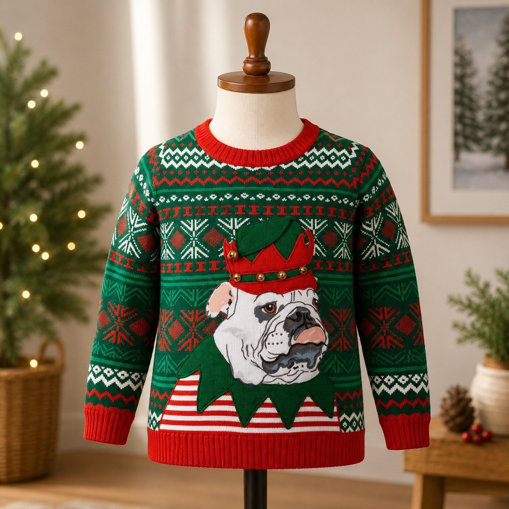 NWOT 33Degrees Ugly Christmas Sweater Boys Large 14/16 Green Bulldog‎ Elf Fair